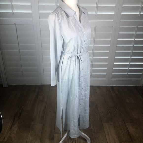 Soft Surroundings Pale Gray Sheer Chiffon Button Up Duster Dress PS Collared Tie - Picture 7 of 12
